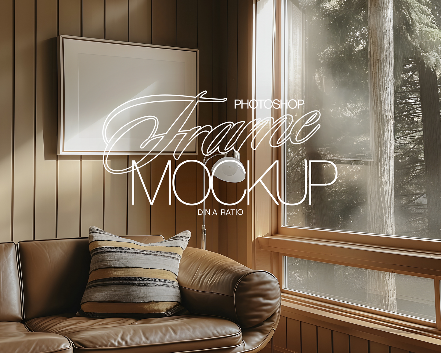 DIN A Landscape Frame in Cosy Forest Cabin Mockup