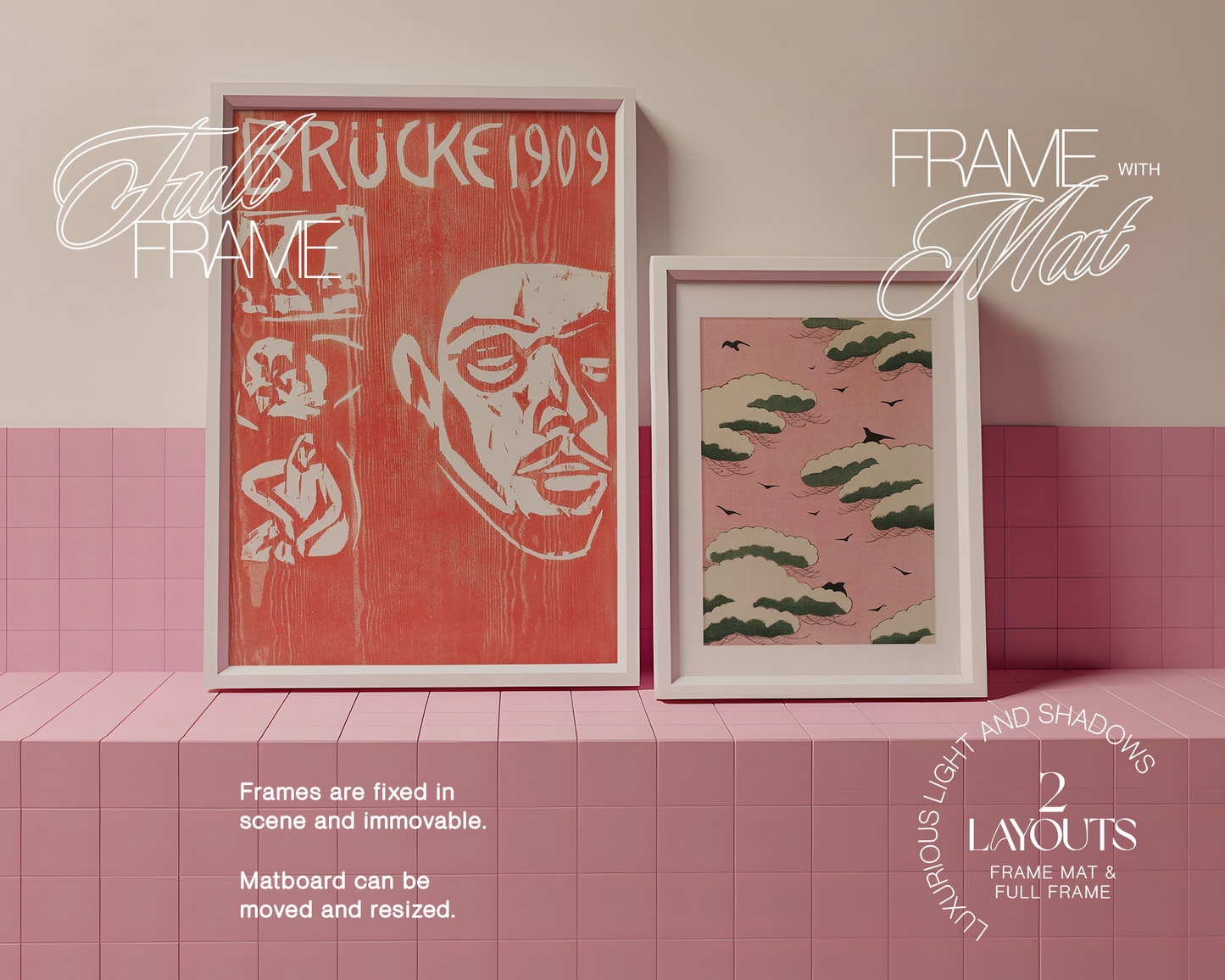 A3 and A4 White Frames Pink Tiled Ledge Mockup