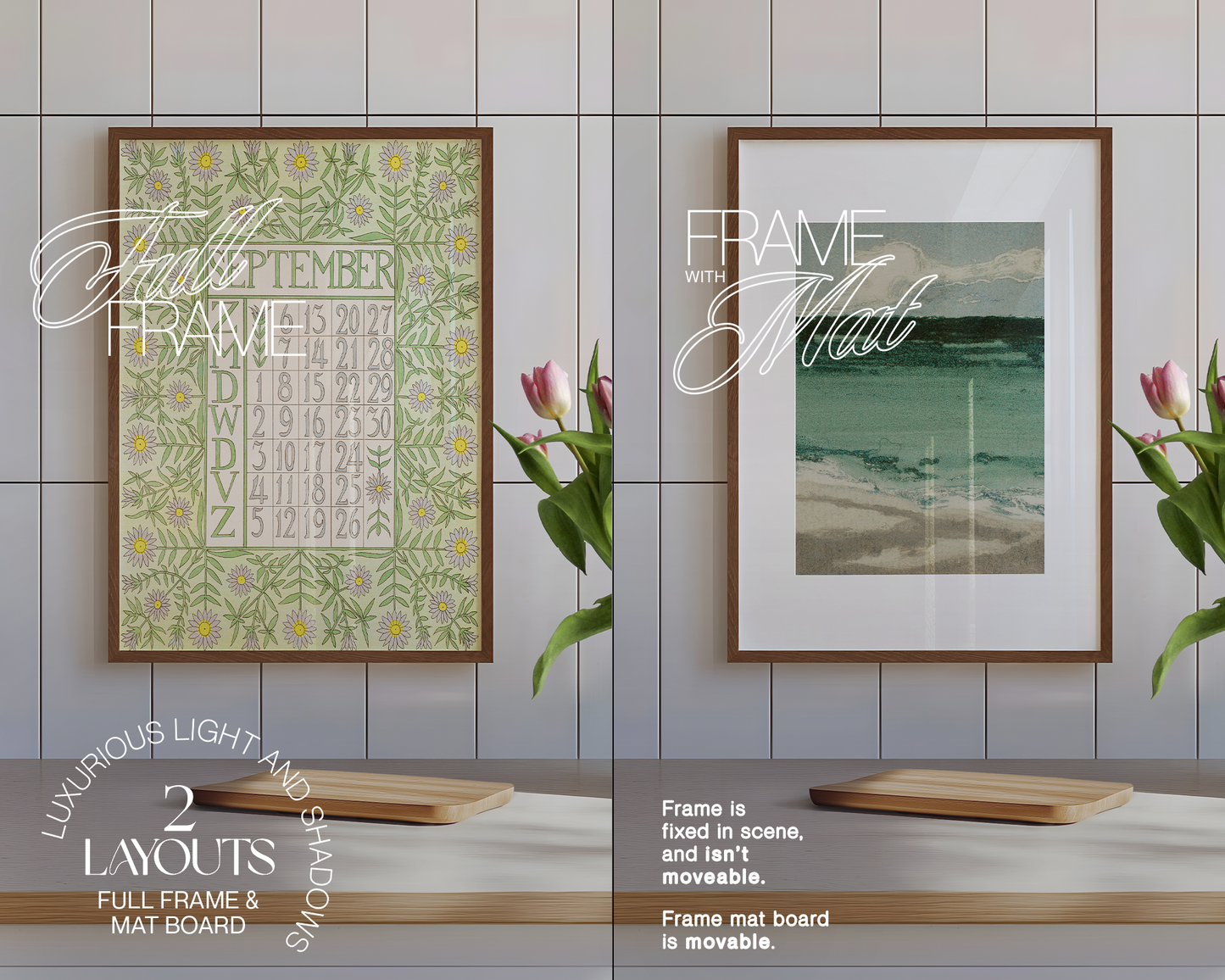 DIN A Walnut Wood Frame in Kitchen with Tulips Mockup