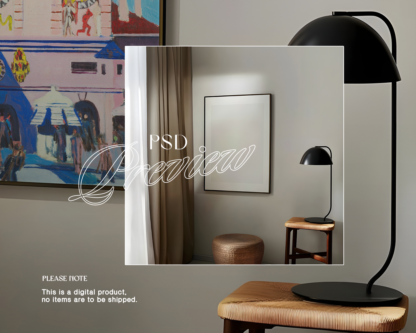 DIN A Black Frame with Minimal Lamp Mockup