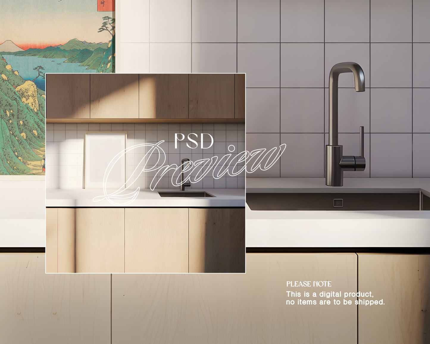 DIN A Frame Kitchen Counter Sunlight Interior Mockup
