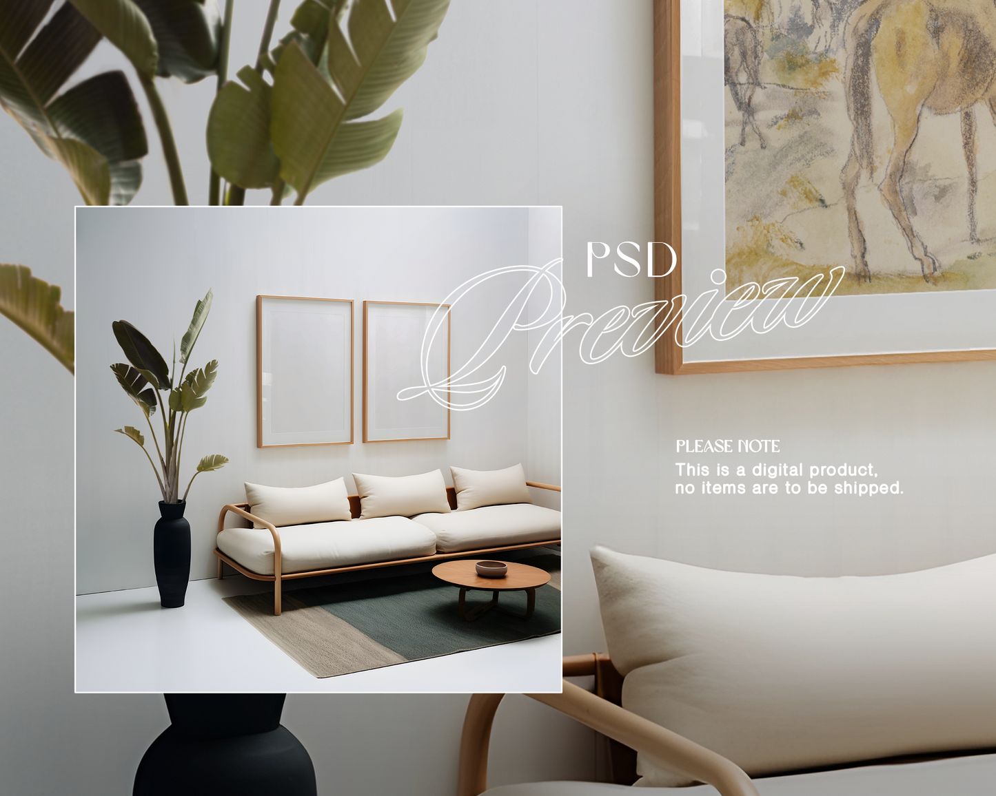 2 DIN A Frames Japandi Living Room Mockup