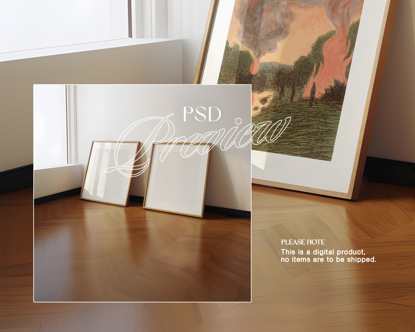 Two 1x1 Frames on Wooden Floor Mockup