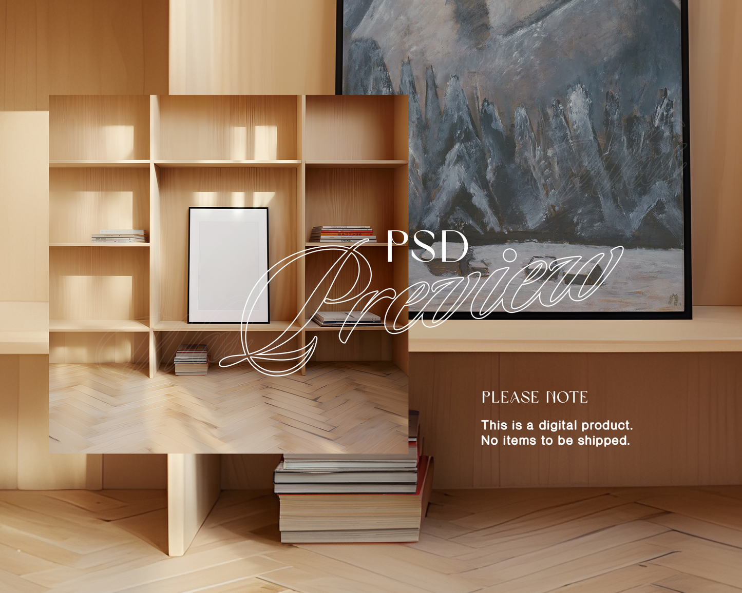 DIN A Black Frame Wooden Shelving Mockup