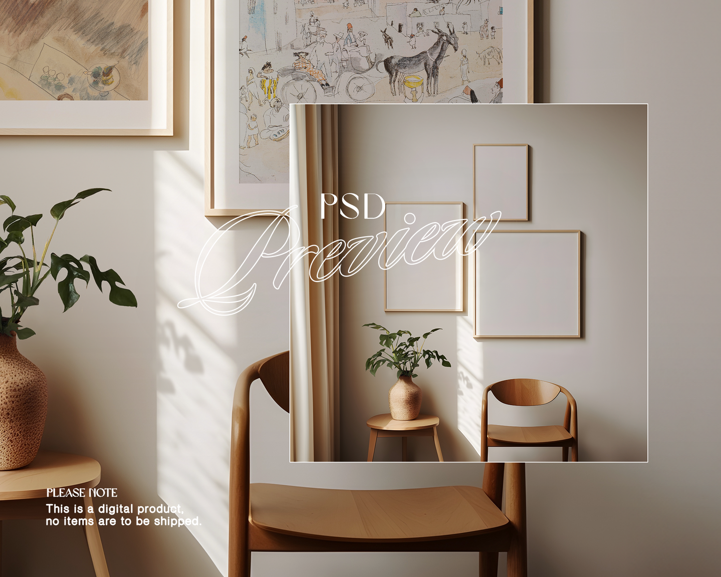 A3, A4 and 1x1 Frame Gallery Wall Sunlight Mockup