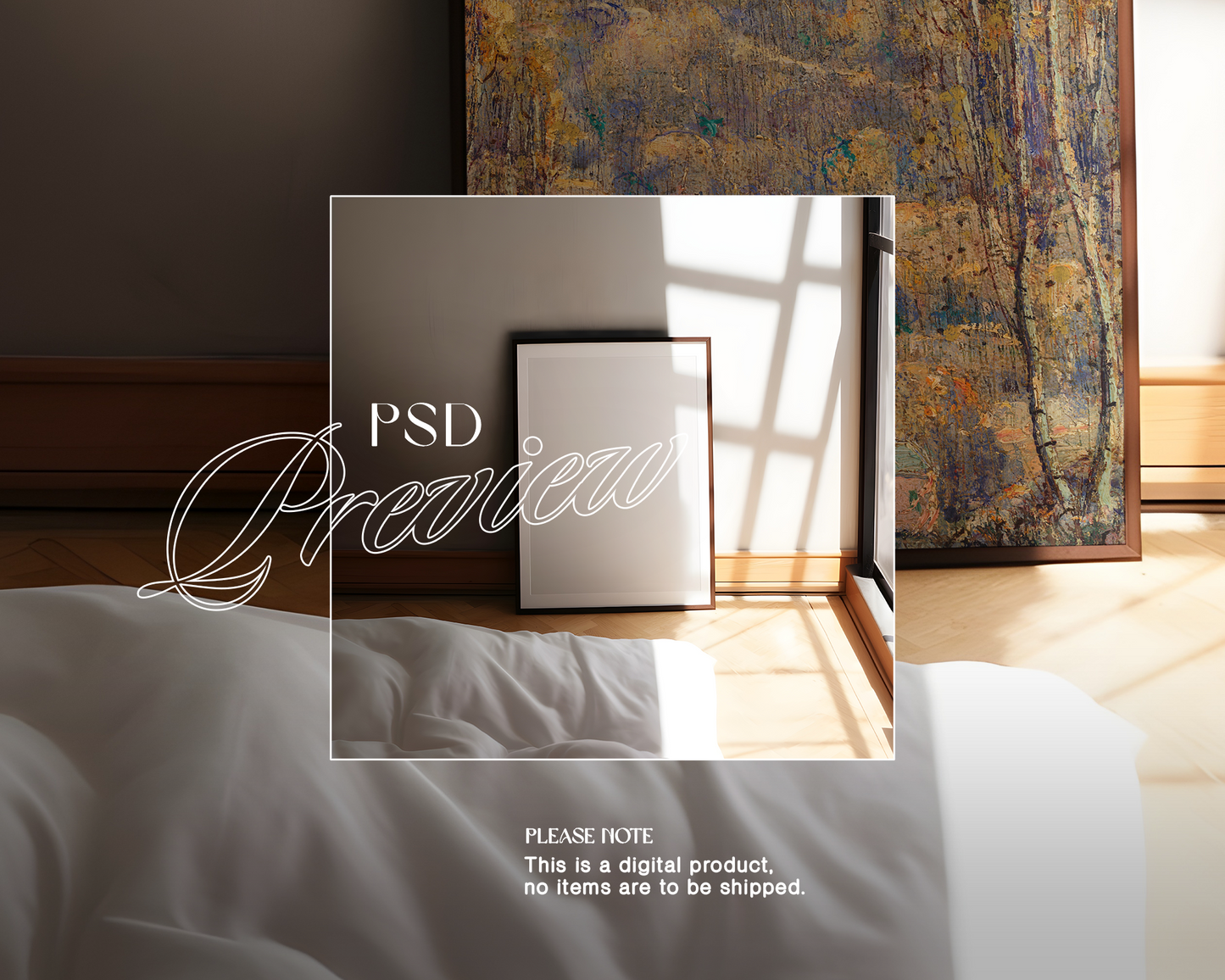 DIN A Dark Wood Frame Japandi Bedroom Mockup