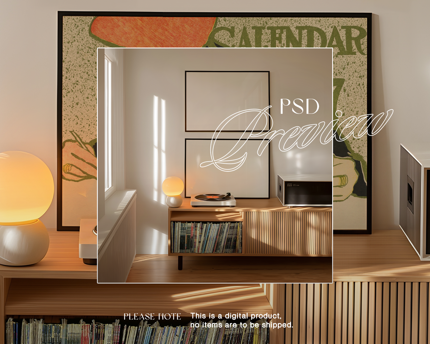 DIN A Landscape Frames Retro Scene Vinyl Player Mockup