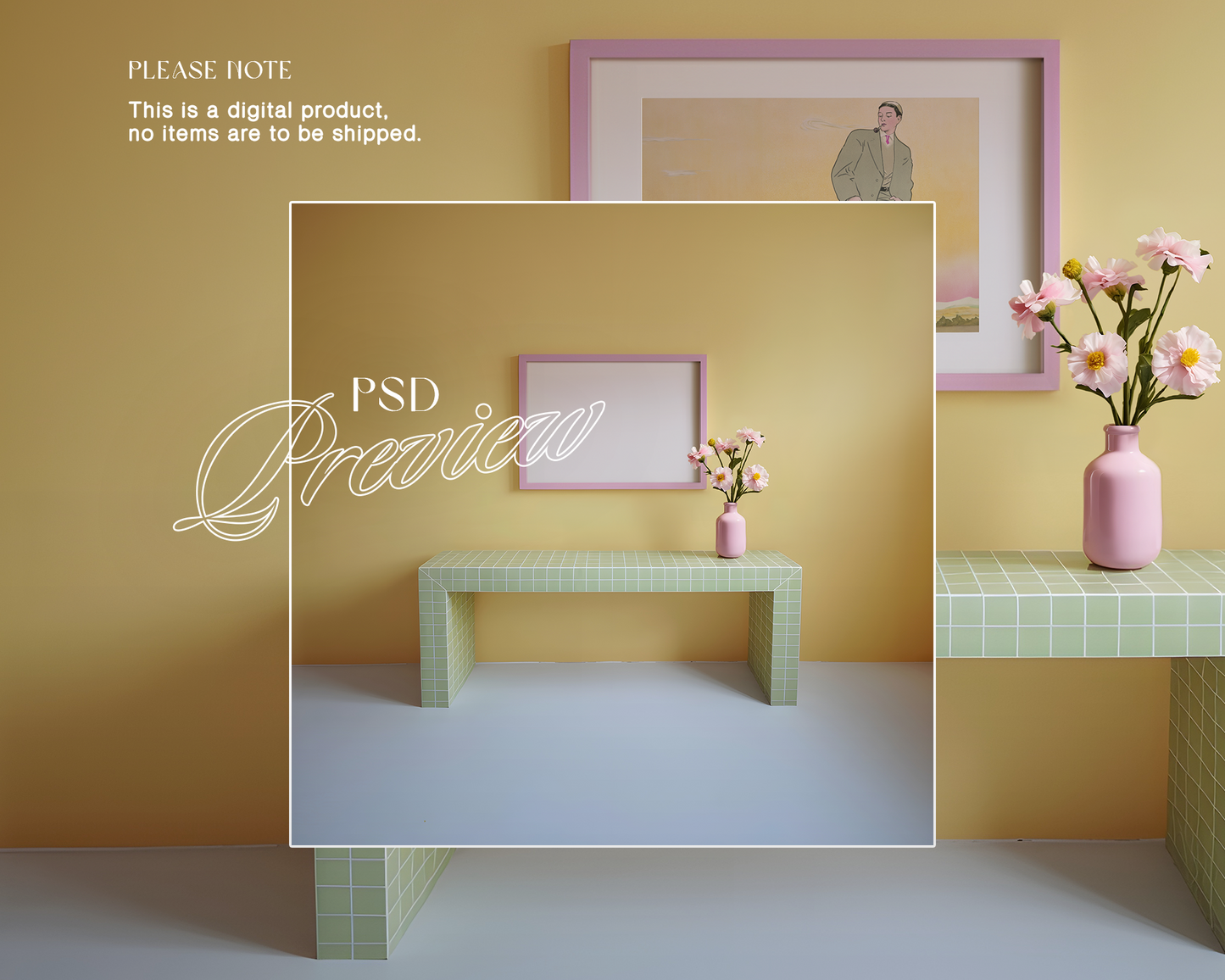 DIN A Pink Landscape Frame in Retro Scene Mockup