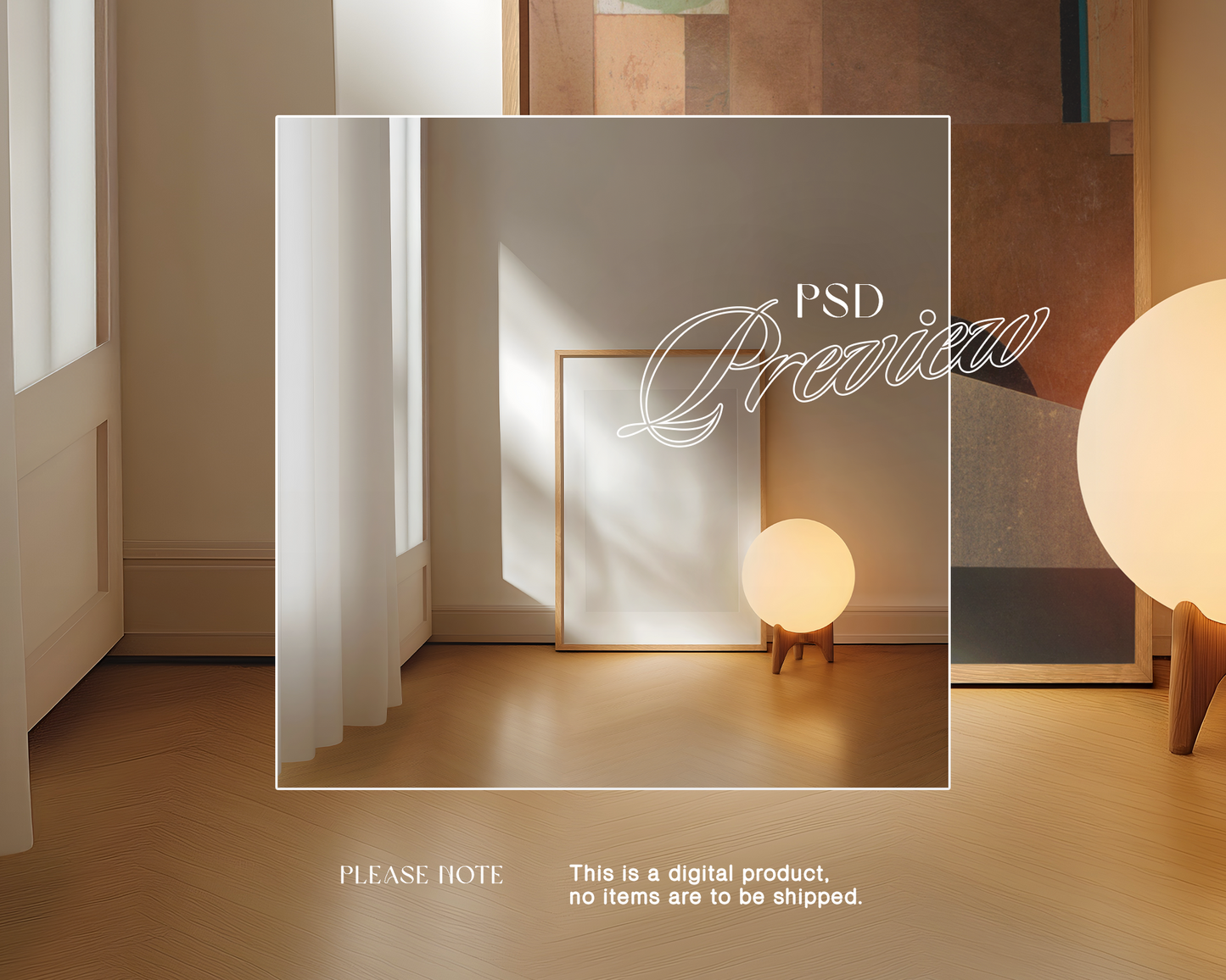 DIN A Leaning Wood Frame with Lamp Mockup
