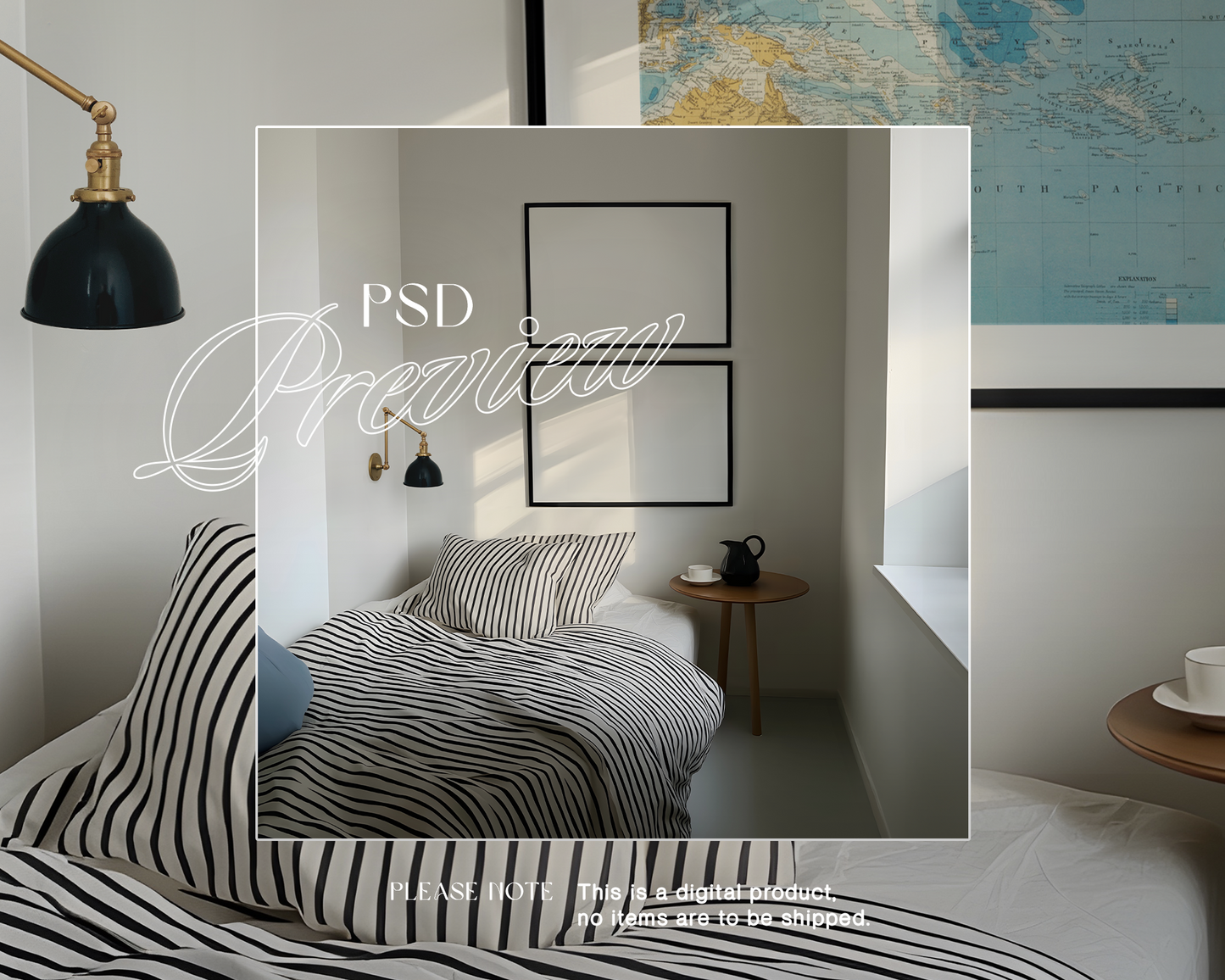 DIN A Set of Two Black Frames in Bedroom Scene Mockup