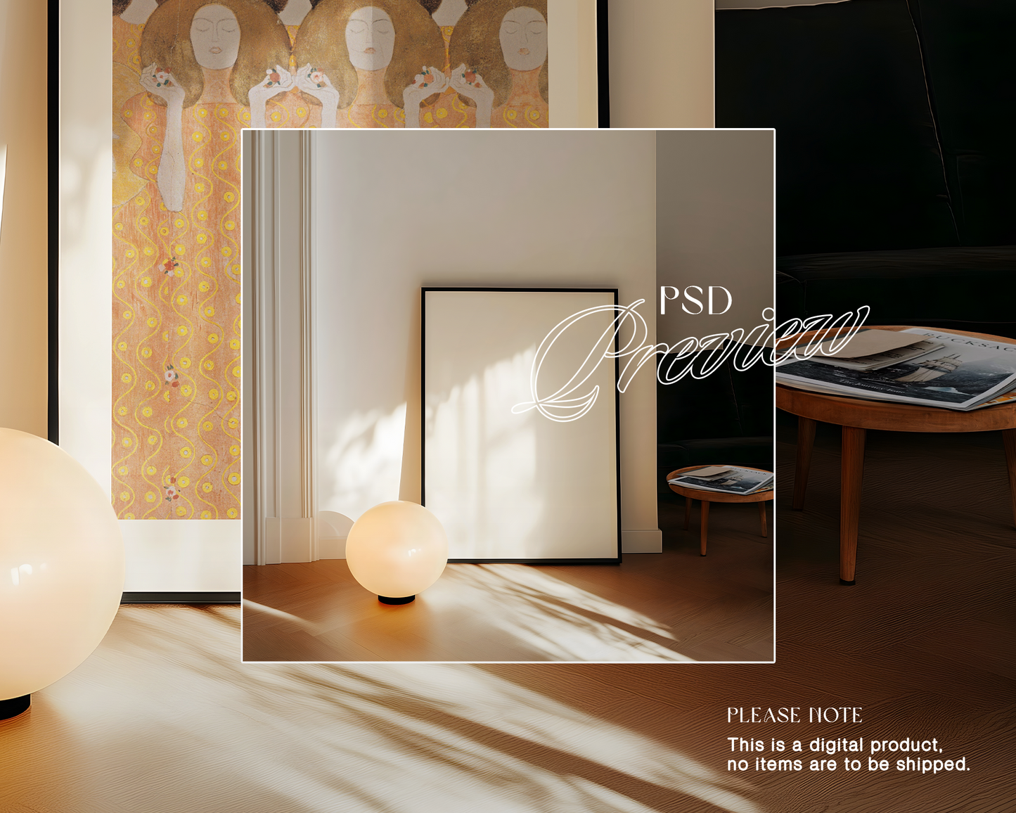 DIN A Black Leaning Frame with Lamp Mockup