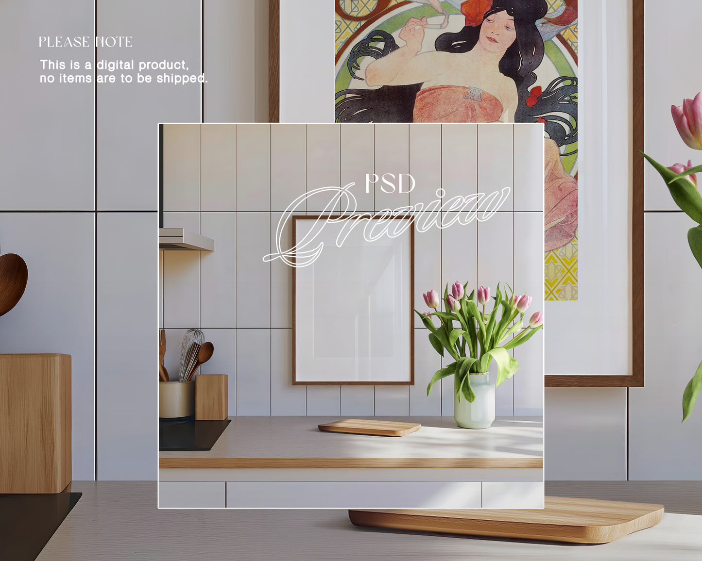 DIN A Walnut Wood Frame in Kitchen with Tulips Mockup