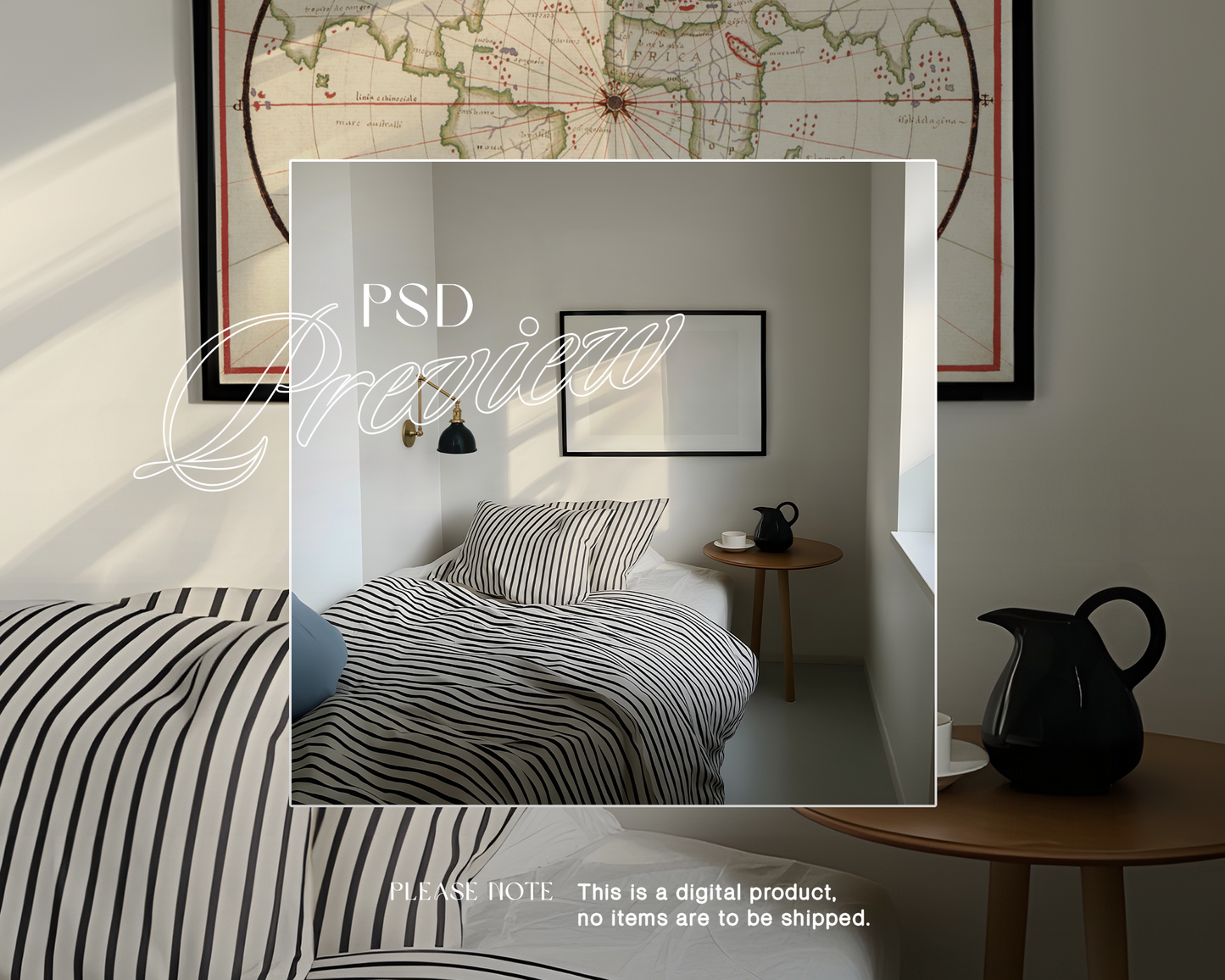 DIN A Landscape Black Frame in Bedroom Scene Mockup