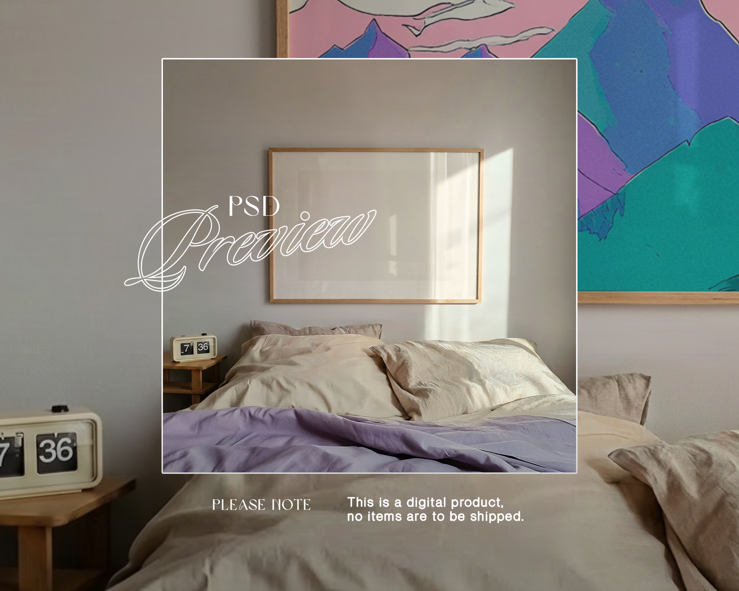 Landscape Frame Lilac Sheets Bedroom Mockup