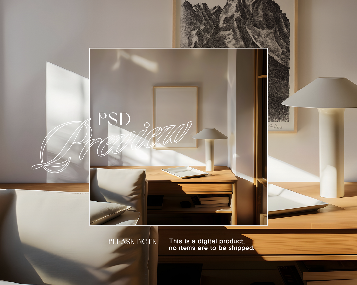 DIN A Frame in Japandi Interior and Lamp Mockup