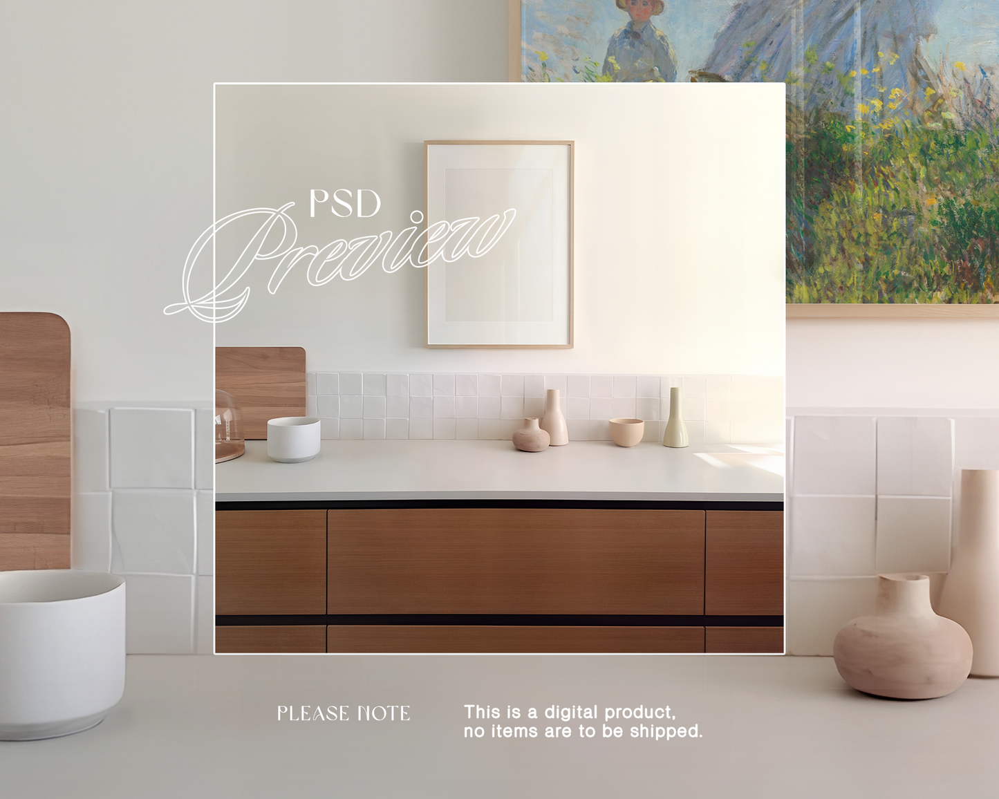 DIN A Wood Frame Pastel Kitchen Mockup