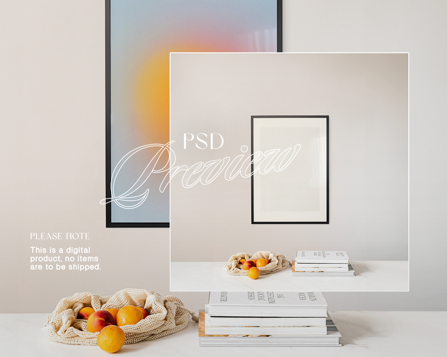 DIN A Black Frame with Books and Peaches Mockup