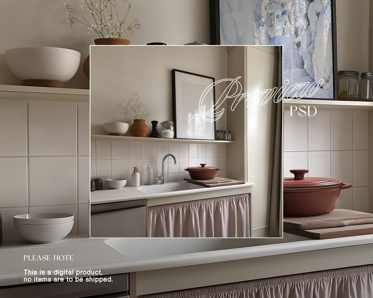 DIN A Black Leaning Frame in Classic Kitchen Mockup