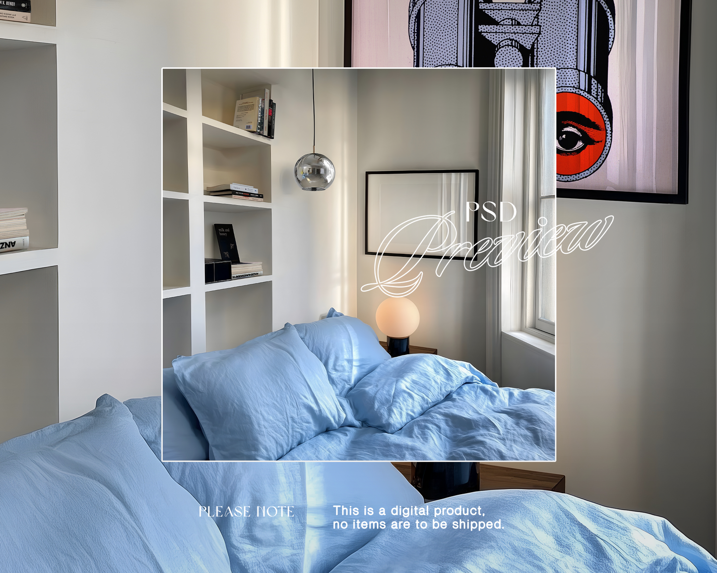 DIN A Black Landscape Frame Retro Bedroom Mockup