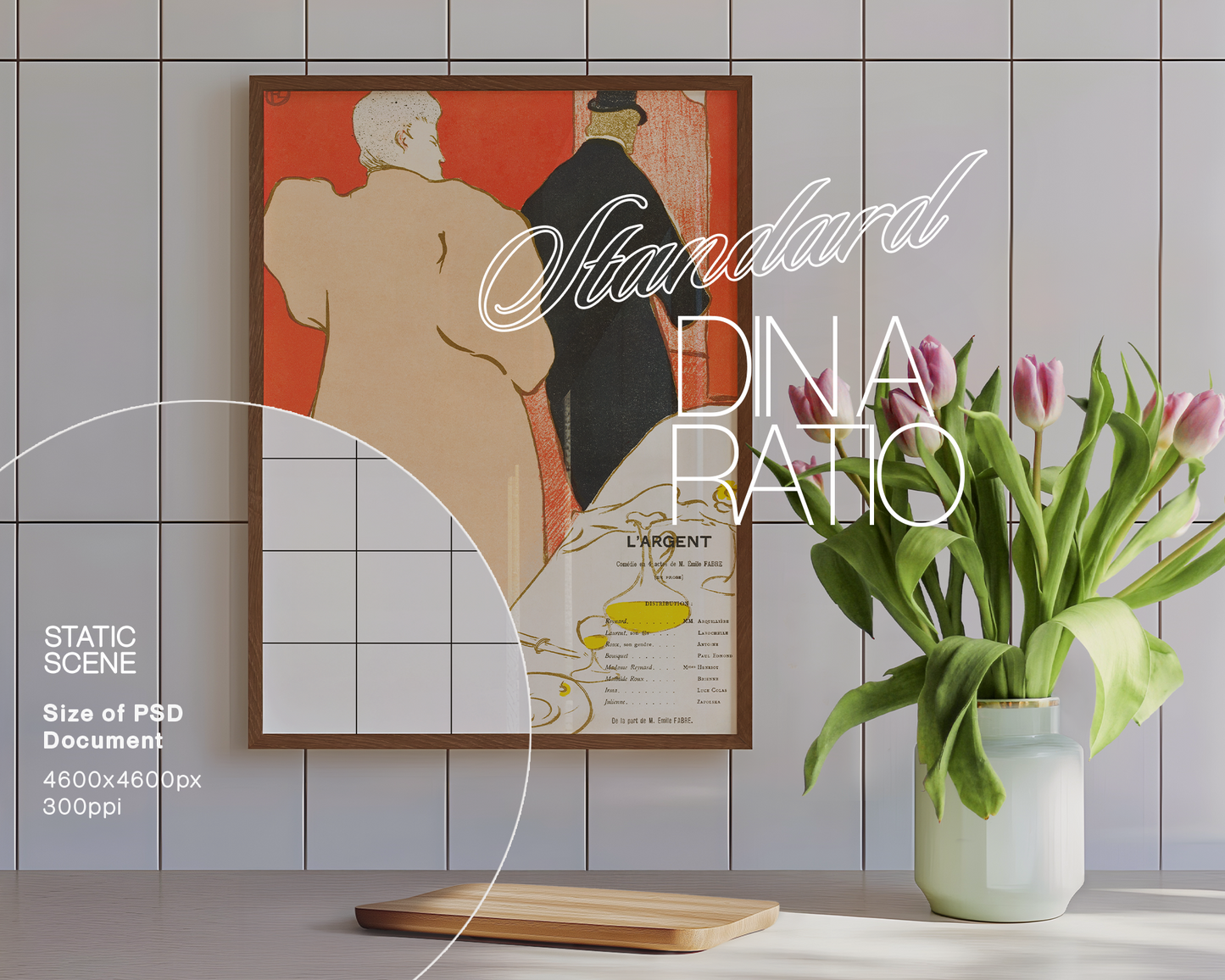 DIN A Walnut Wood Frame in Kitchen with Tulips Mockup