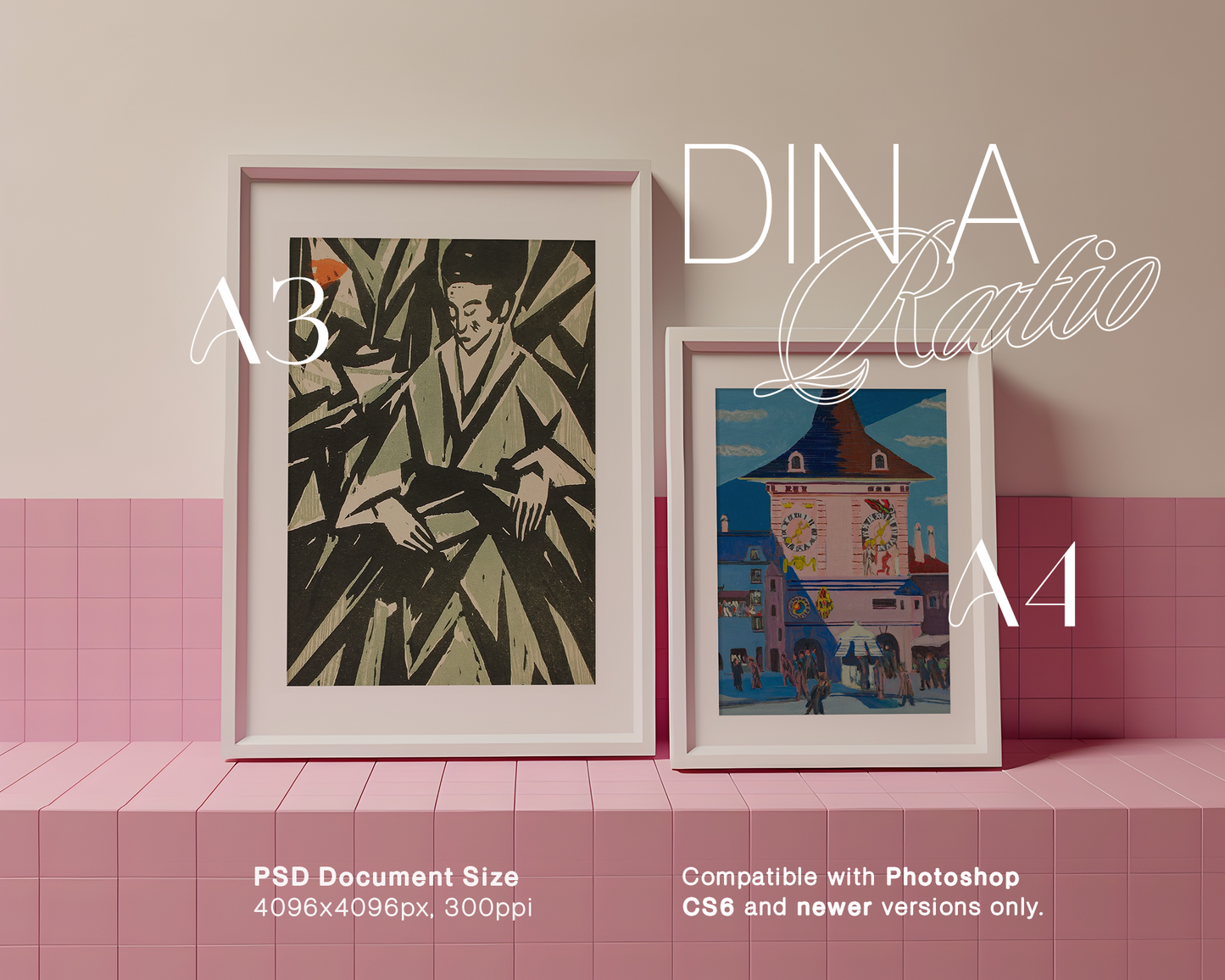 A3 and A4 White Frames Pink Tiled Ledge Mockup
