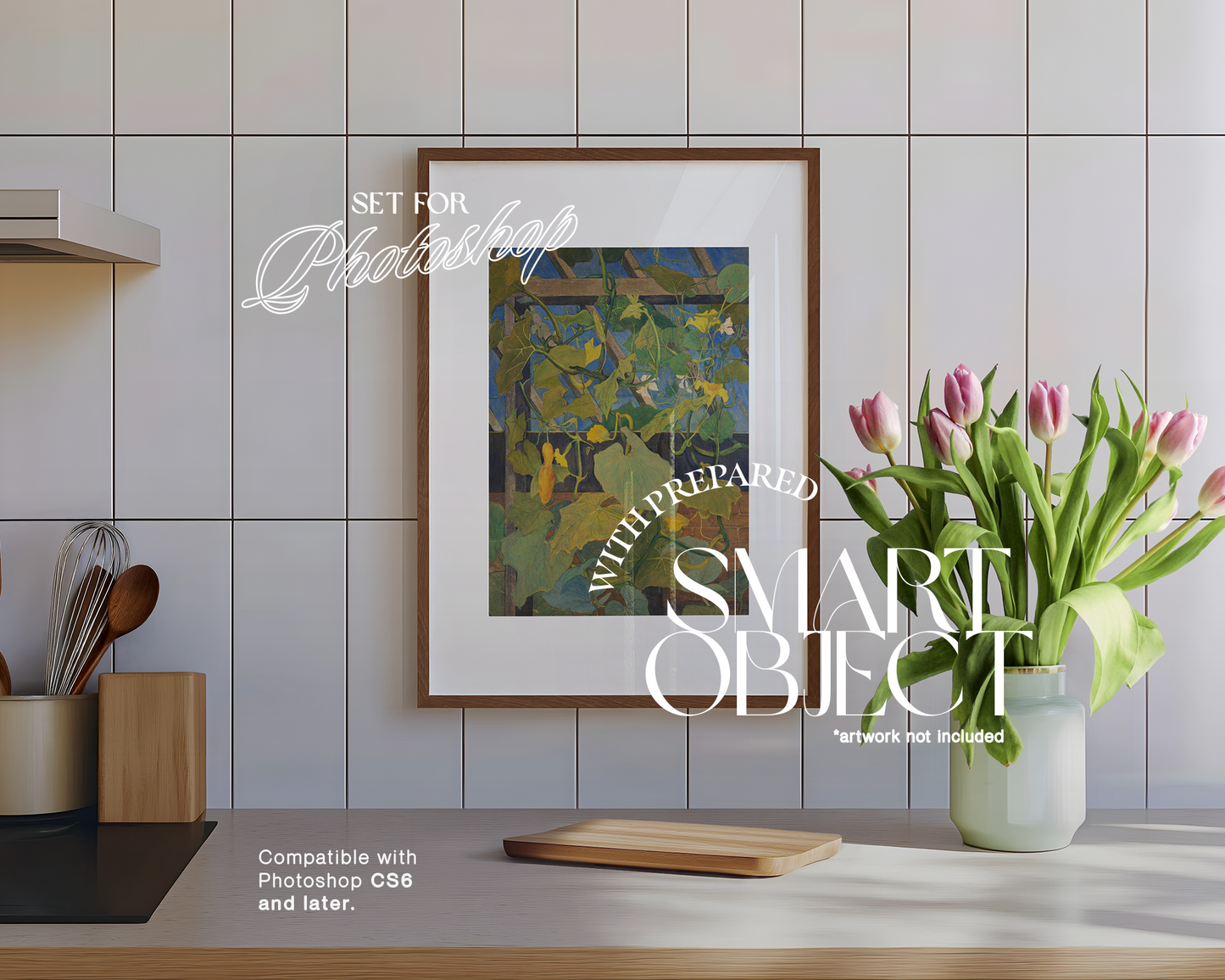 DIN A Walnut Wood Frame in Kitchen with Tulips Mockup