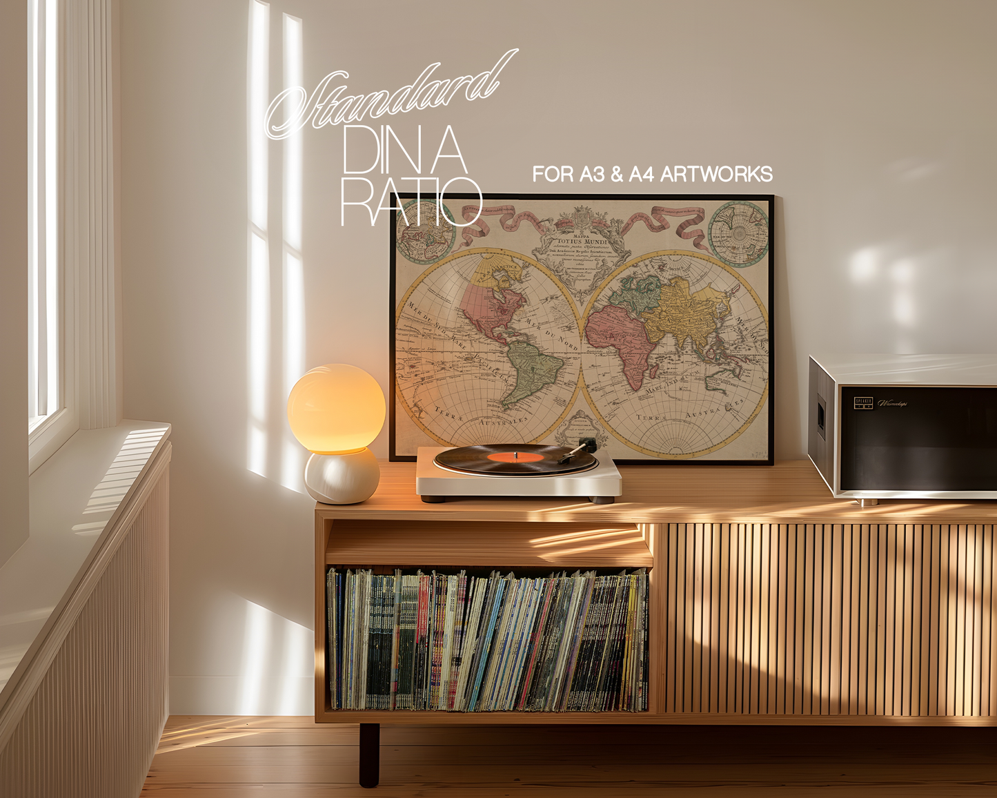 DIN A Landscape Frames Retro Scene Vinyl Player Mockup