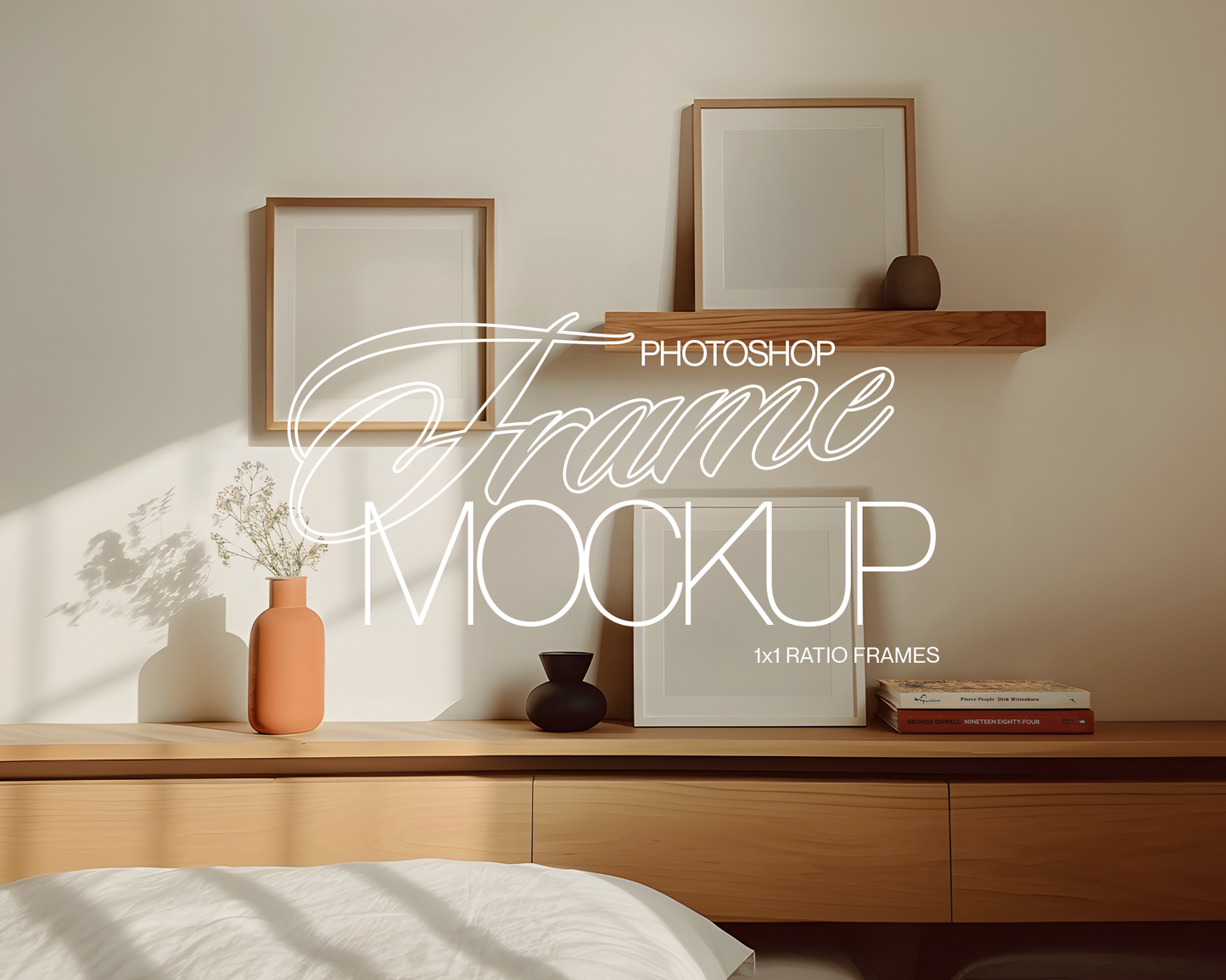 Three 1x1 Frames in Cosy Bedroom Mockup