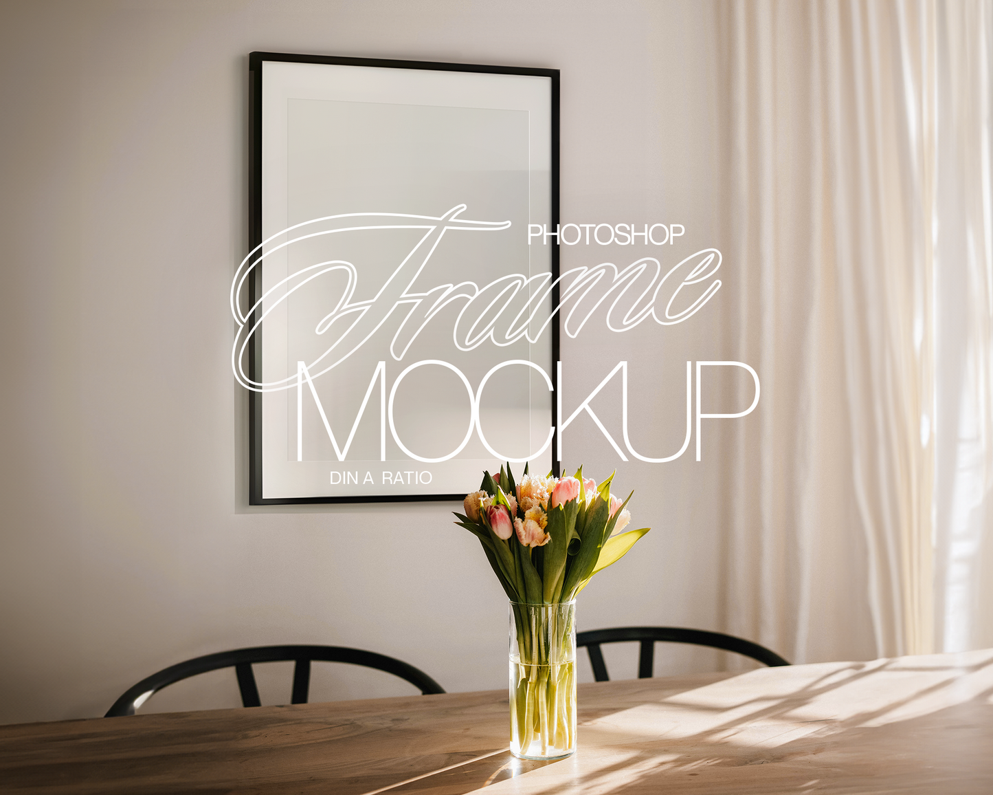 DIN A Black Frame Dining with Flowers Mockup