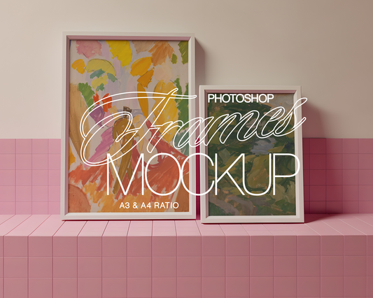 A3 and A4 White Frames Pink Tiled Ledge Mockup