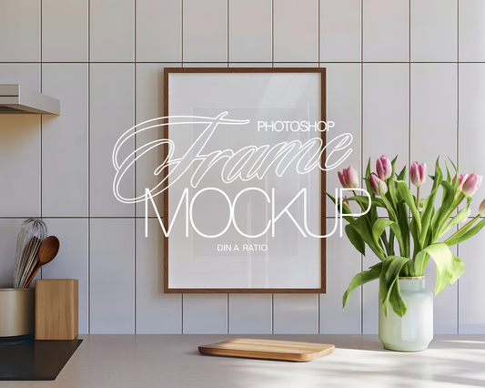 DIN A Walnut Wood Frame in Kitchen with Tulips Mockup