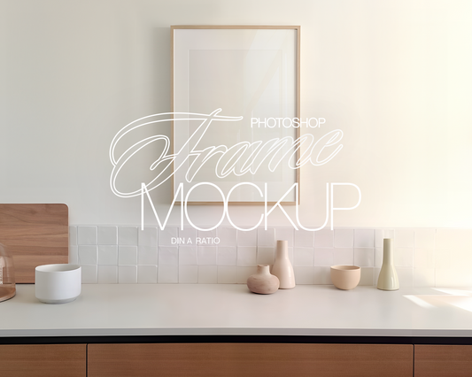 DIN A Wood Frame Pastel Kitchen Mockup