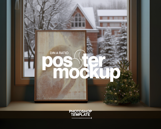 DIN A Wood Frame in Festive Windowsill Scene Mockup