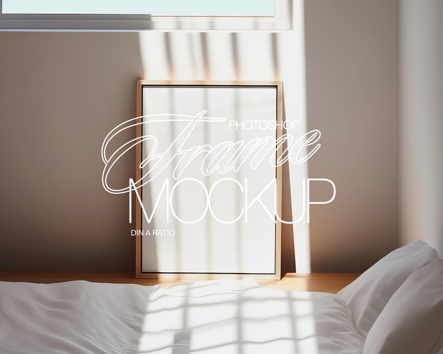 DIN A Wood Frame Bedroom with Sunlight Mockup