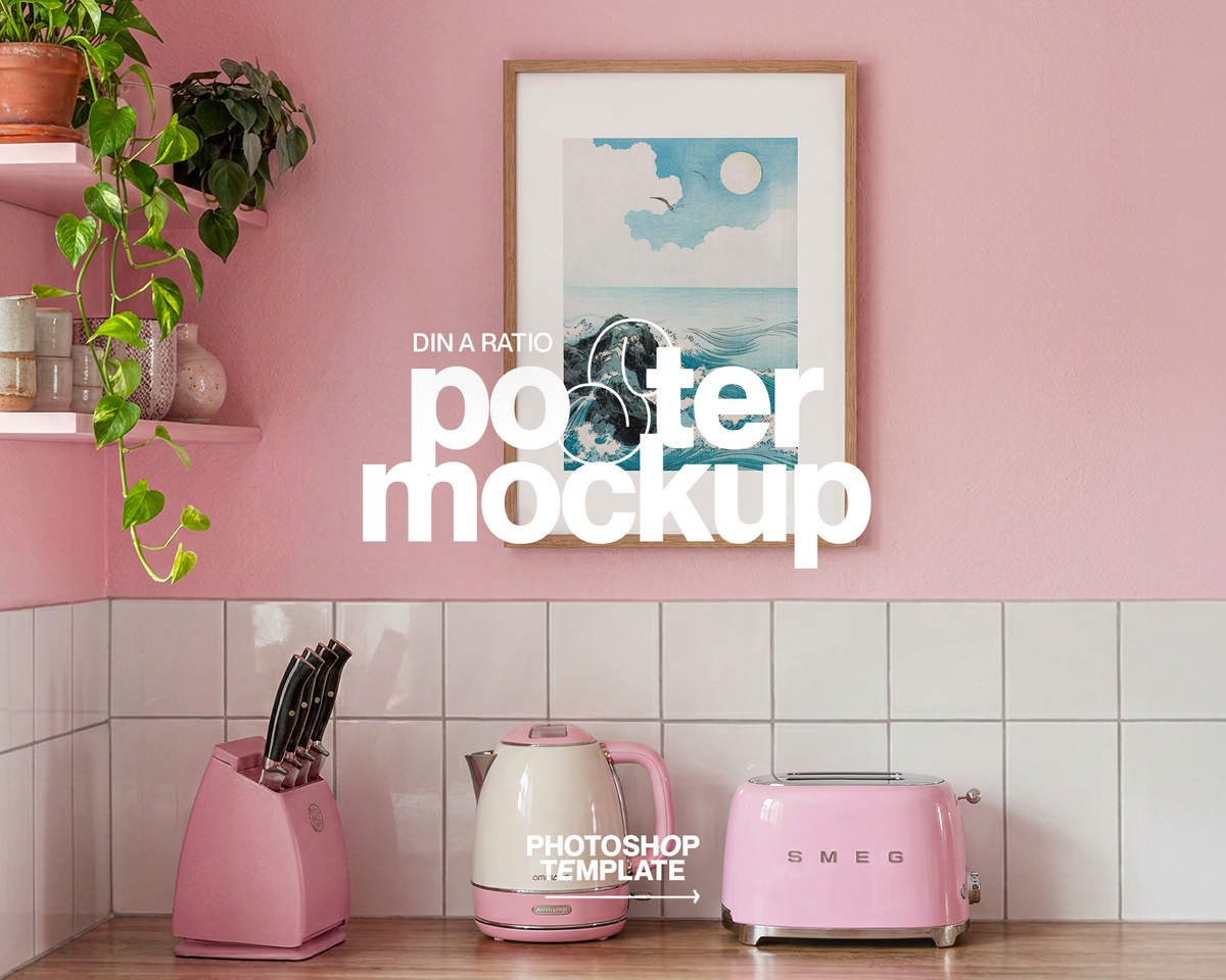 DIN A Vertical Frame in Pink Kitchen Mockup
