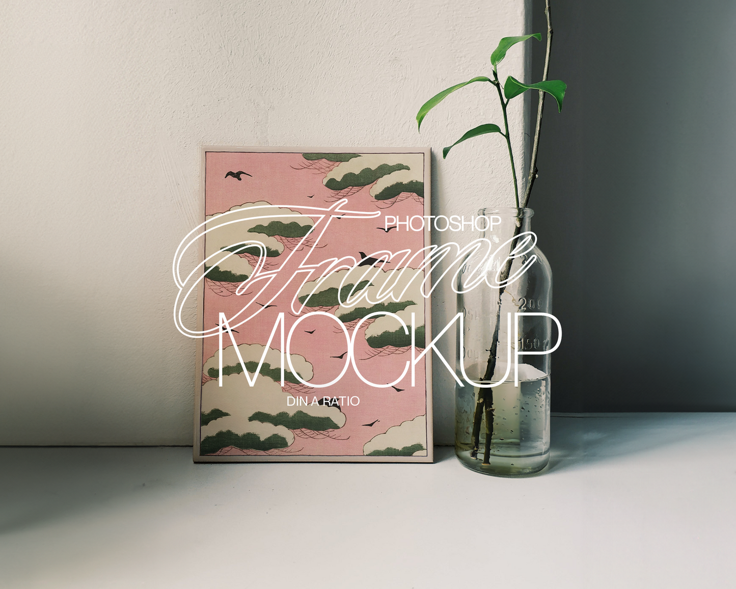 DIN A Light Wood Frame with Glass Vase Mockup