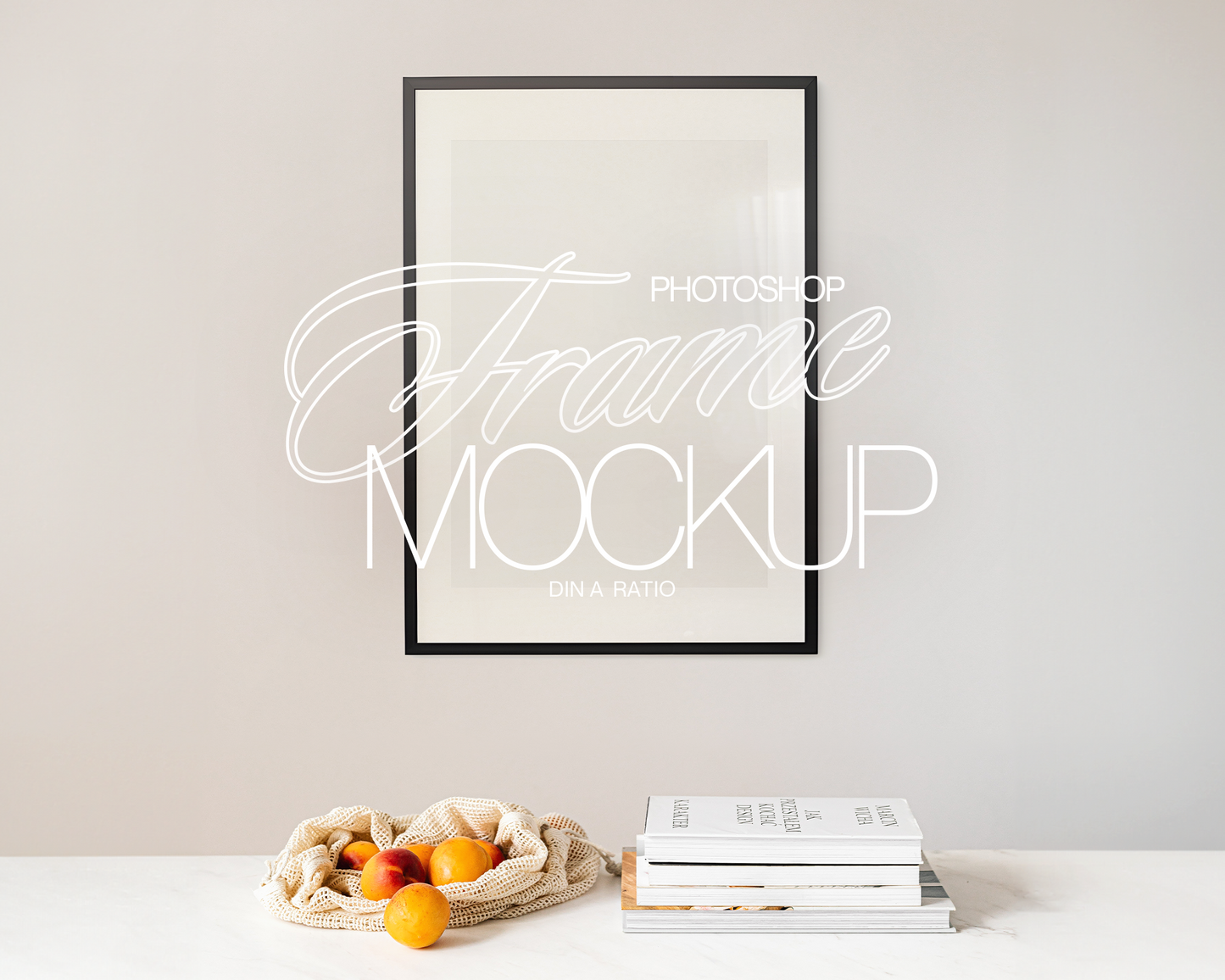 DIN A Black Frame with Books and Peaches Mockup