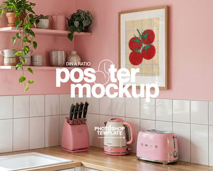 DIN A Wood Frame in Cute Pink Kitchen Mockup