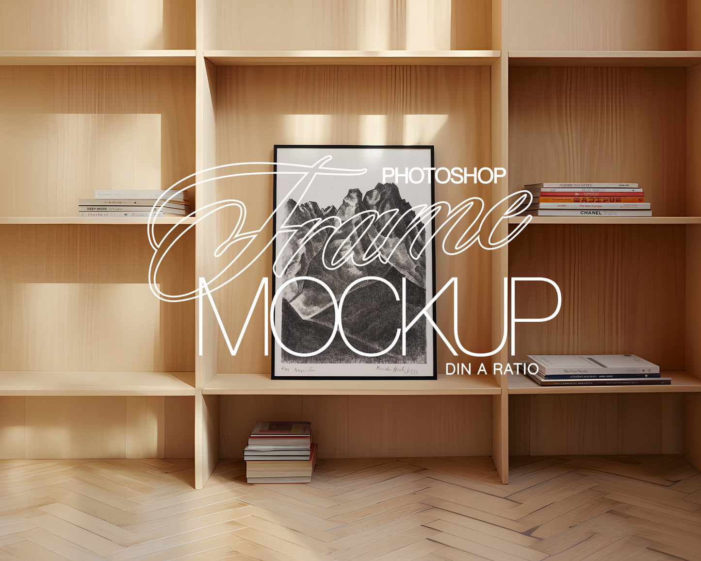 DIN A Black Frame Wooden Shelving Mockup