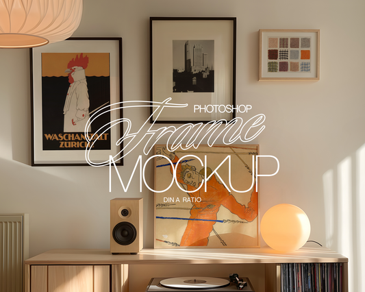 Gallery Wall Mockup in Retro Scene with Vinyl Mockup