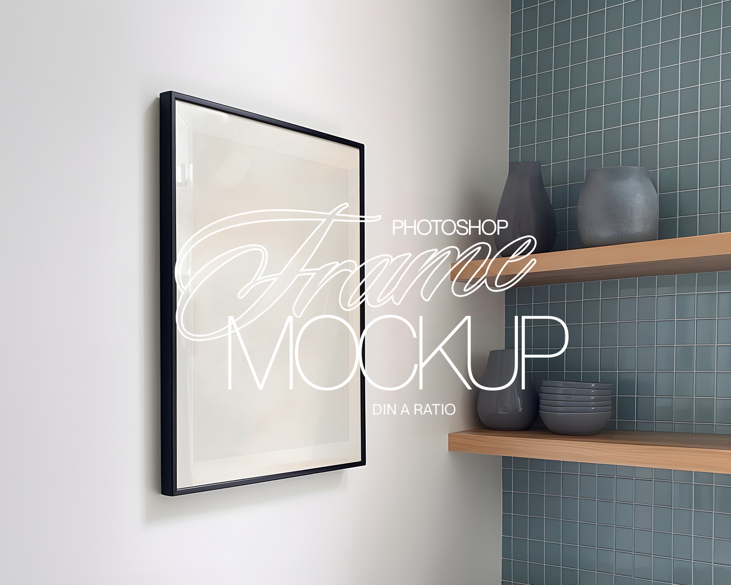 DIN A Black Frame Blue Tiled Kitchen Mockup