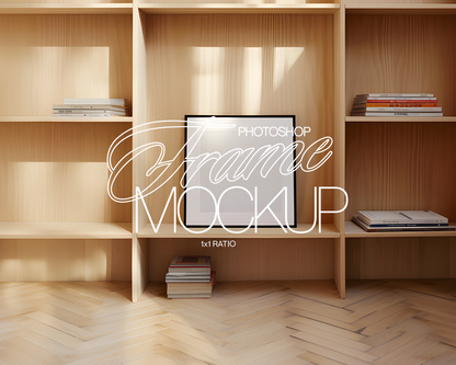 1x1 Black Frame Wooden Shelves Mockup