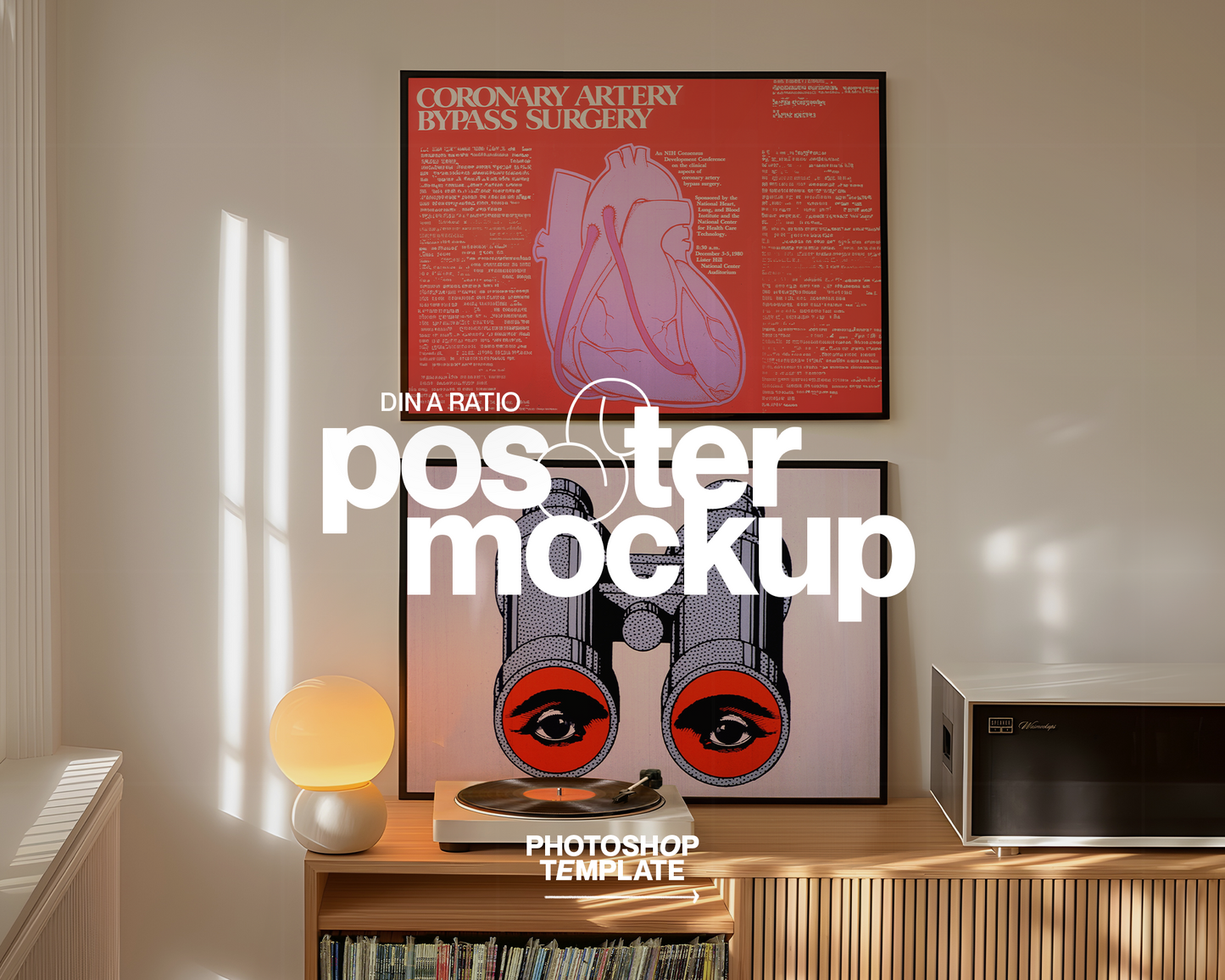 DIN A Landscape Frames Retro Scene Vinyl Player Mockup