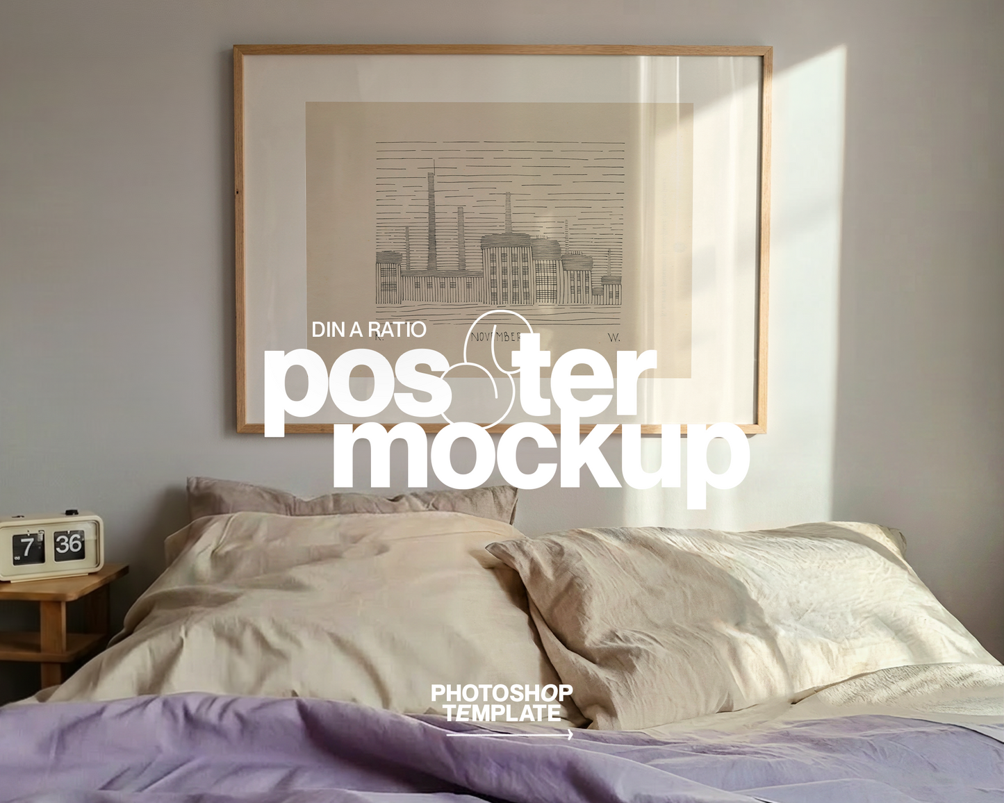 Landscape Frame Lilac Sheets Bedroom Mockup