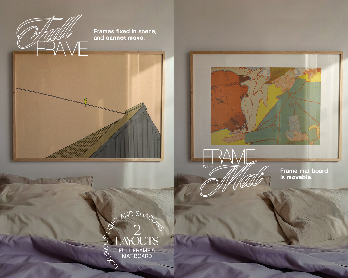 Landscape Frame Lilac Sheets Bedroom Mockup