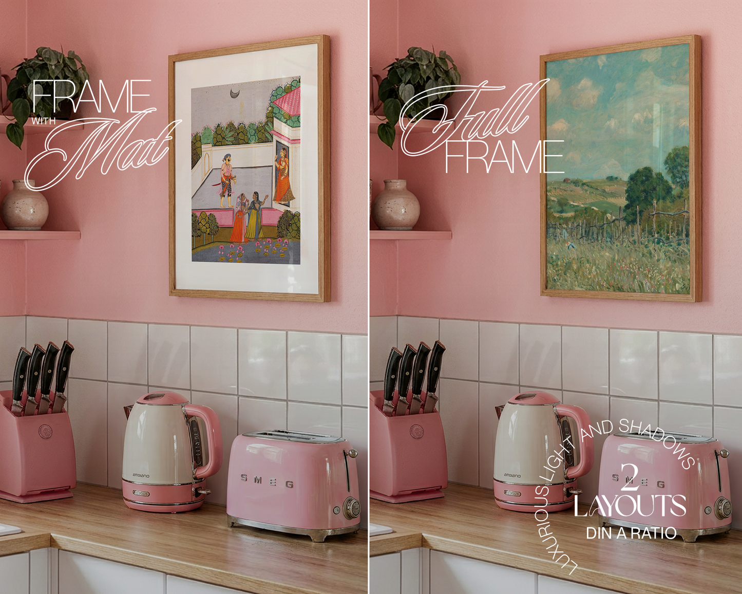 DIN A Wood Frame in Cute Pink Kitchen Mockup