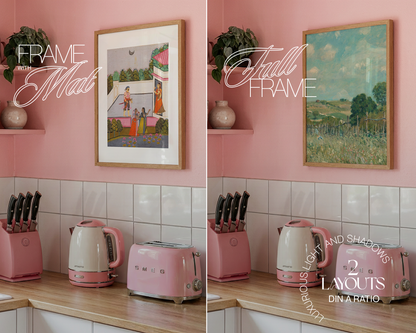 DIN A Wood Frame in Cute Pink Kitchen Mockup