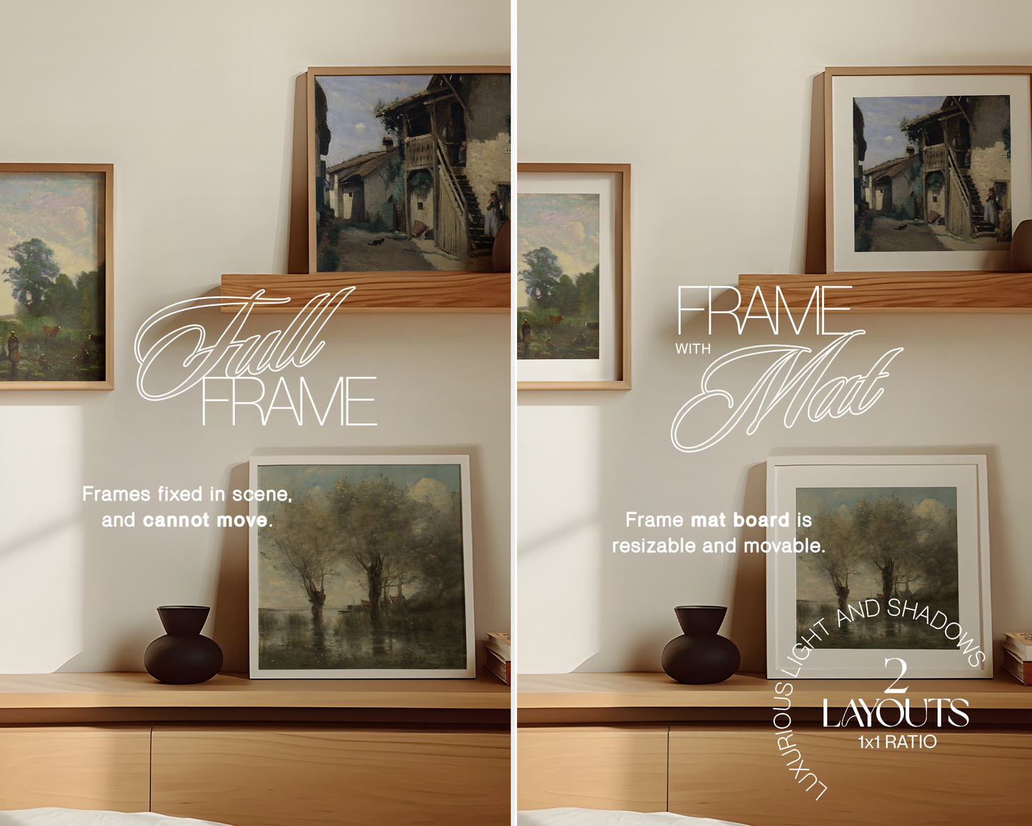 Three 1x1 Frames in Cosy Bedroom Mockup