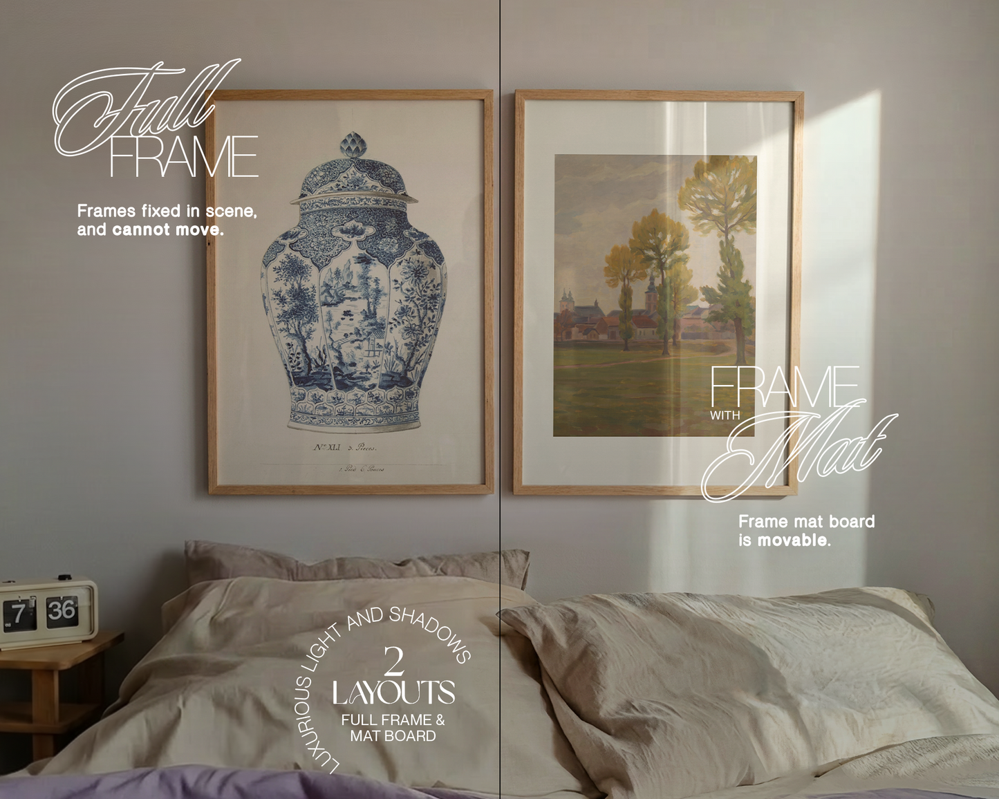 Set of Two Frames Lilac Sheets Bedroom Mockup