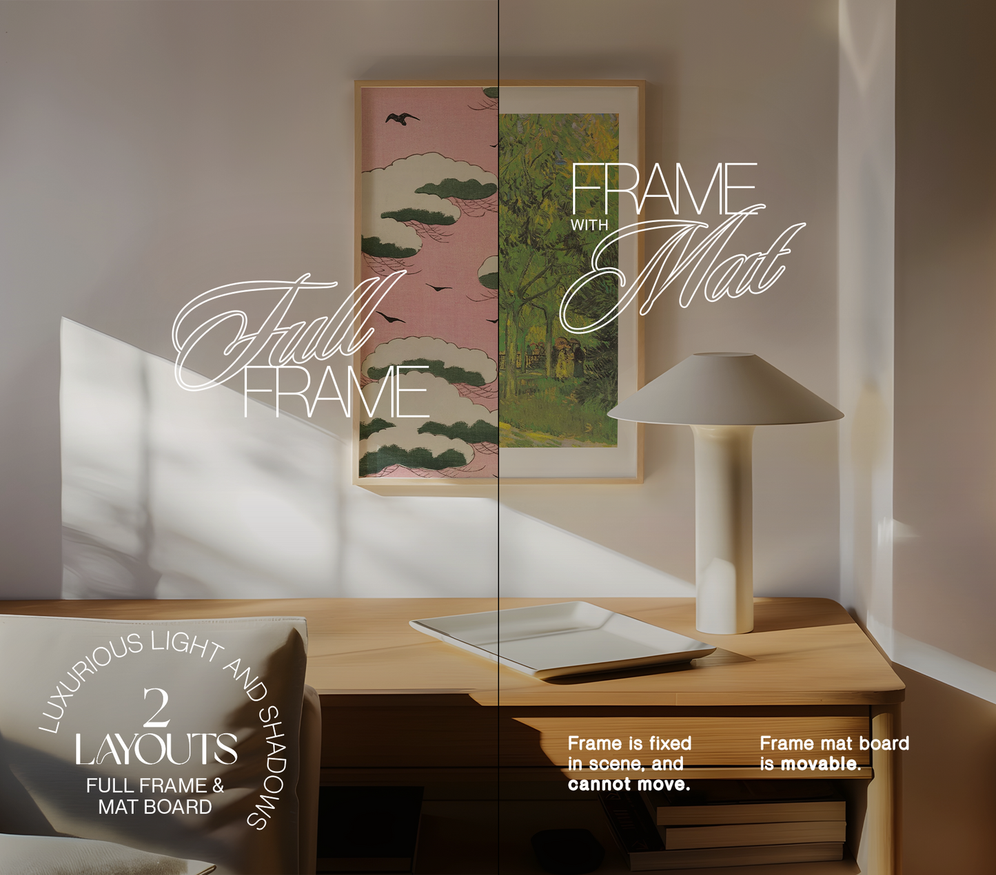 DIN A Frame in Japandi Interior and Lamp Mockup